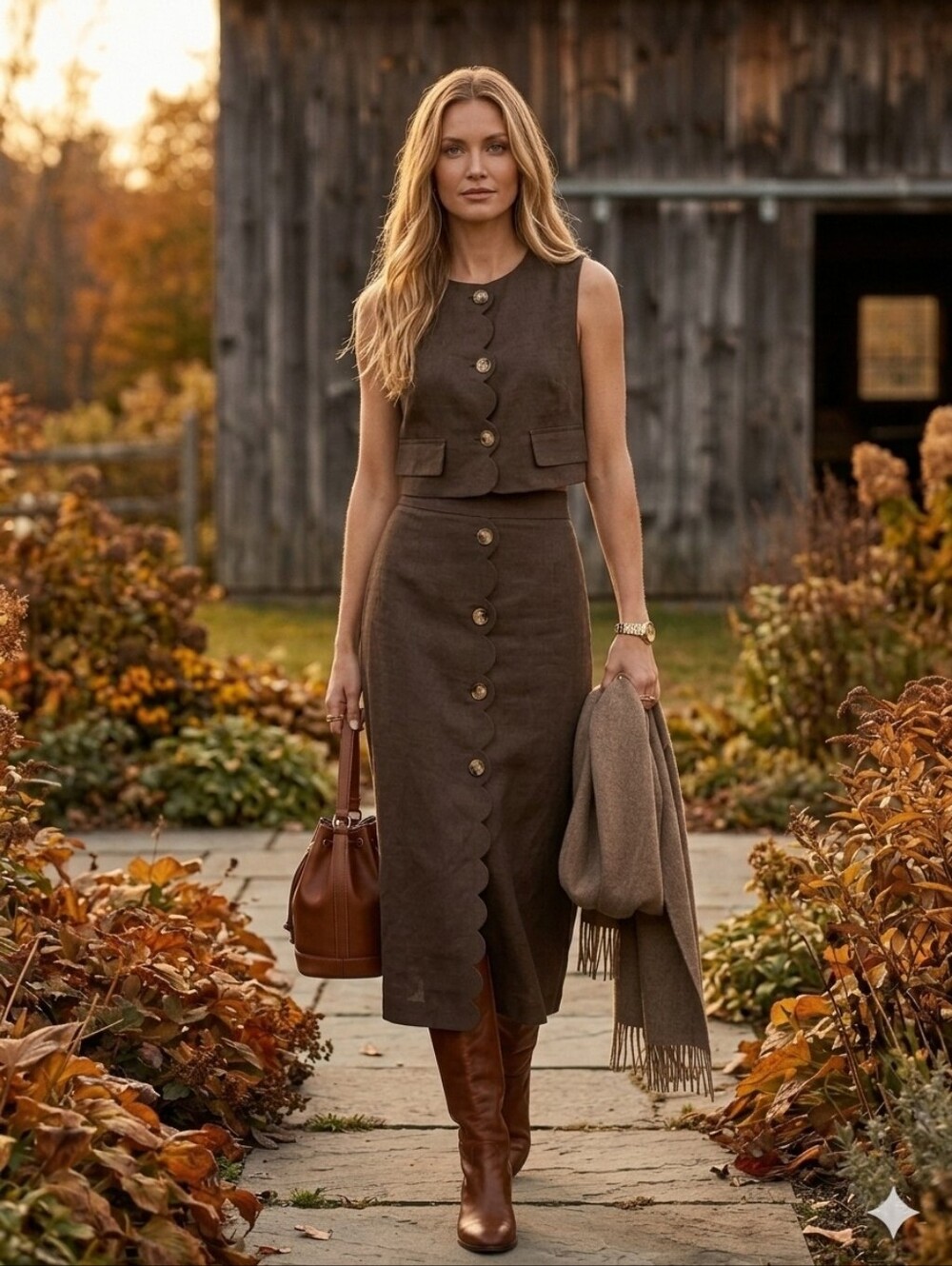 Cotton Linen Scallop Trim Vest And Skirt Set